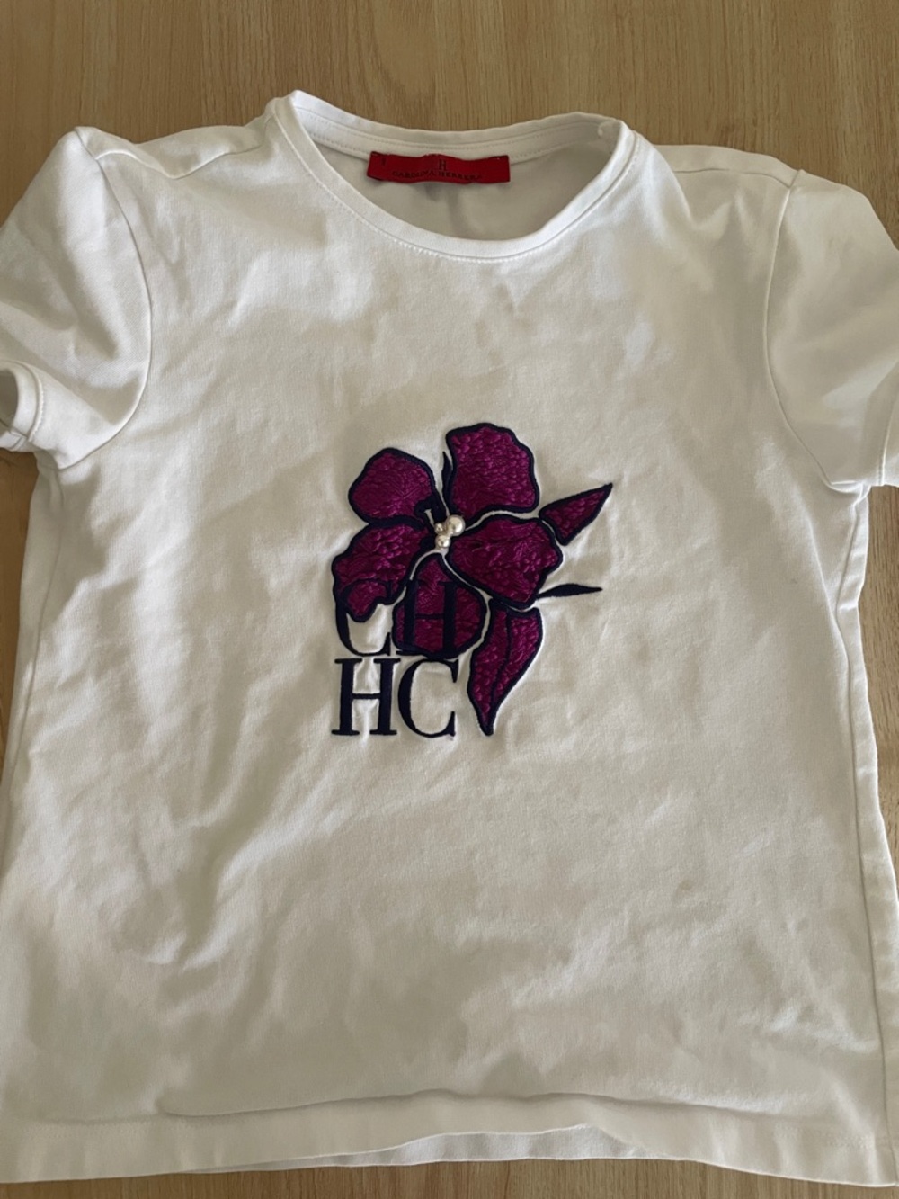 Carolina Herrera White Tee with Magenta Flower Appliqué